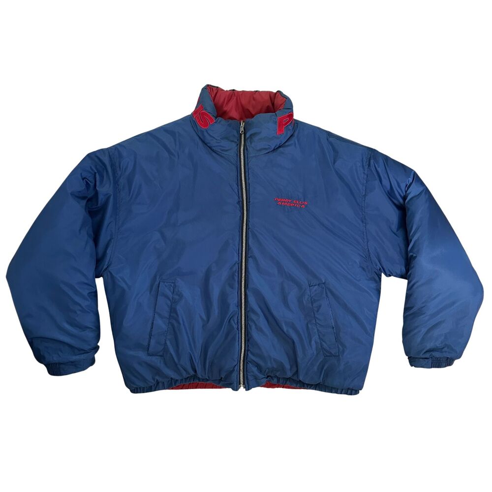 Vintage 90s Perry Ellis Reversible Puffer Jacket Blue Red Down XL USA